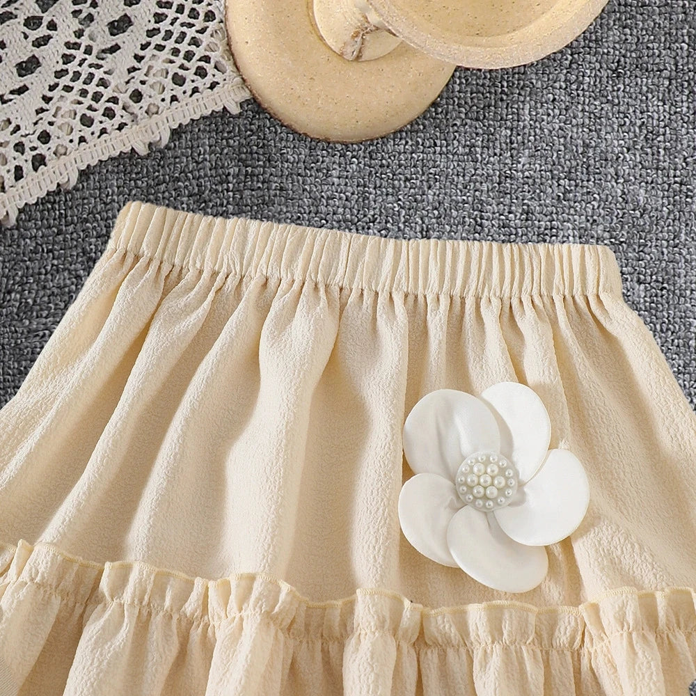 Sleeveless Dress for Girls Summer Clothes For 8-12 Year Two-Piece Set Bubble Sleeve Top with Skirt Children Outfit Casual Outing