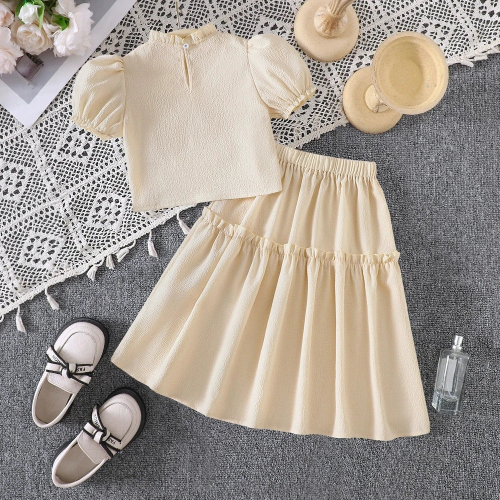 Sleeveless Dress for Girls Summer Clothes For 8-12 Year Two-Piece Set Bubble Sleeve Top with Skirt Children Outfit Casual Outing