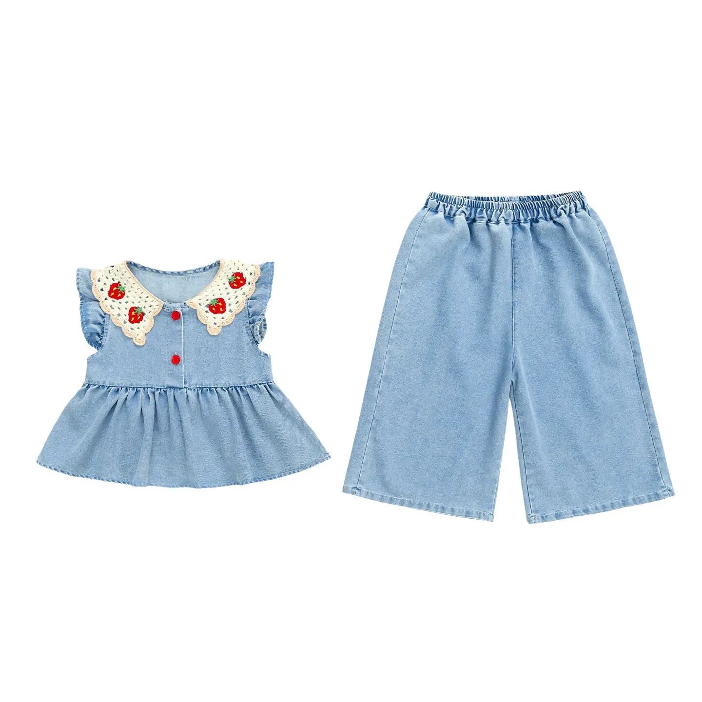 Girl's Cute and Sweet Two-piece Set Girls' Summer New Denim Sleeveless Set Flying Sleeve Wide Shoulder Wide Leg Pants