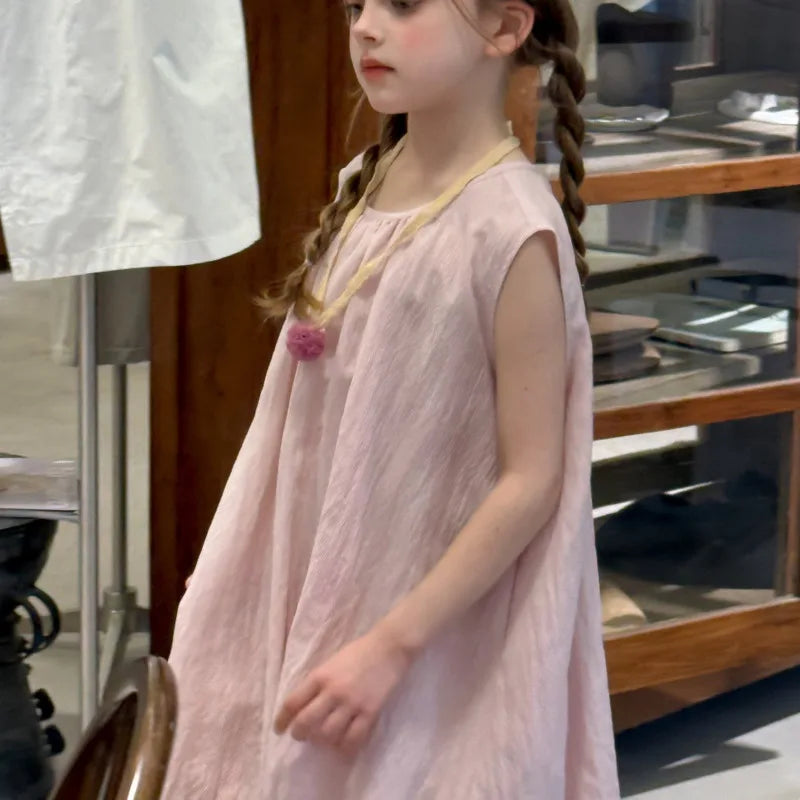 26 Spring Summer Cotton Girls Pink Vest Dress New Stylish High-end Children Clothes Sleeveless Long Dress Soft 3-12 Year Outfit