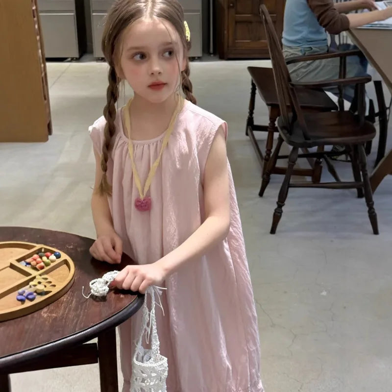26 Spring Summer Cotton Girls Pink Vest Dress New Stylish High-end Children Clothes Sleeveless Long Dress Soft 3-12 Year Outfit