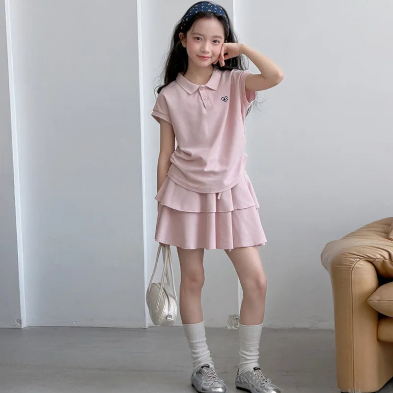 26 Spring Summer Pink Girls Sporty Cotton 2piece Set Outfit New Cute Stylish Big Kid Children Polo Shirt Pleat Skirt 10-18 Years