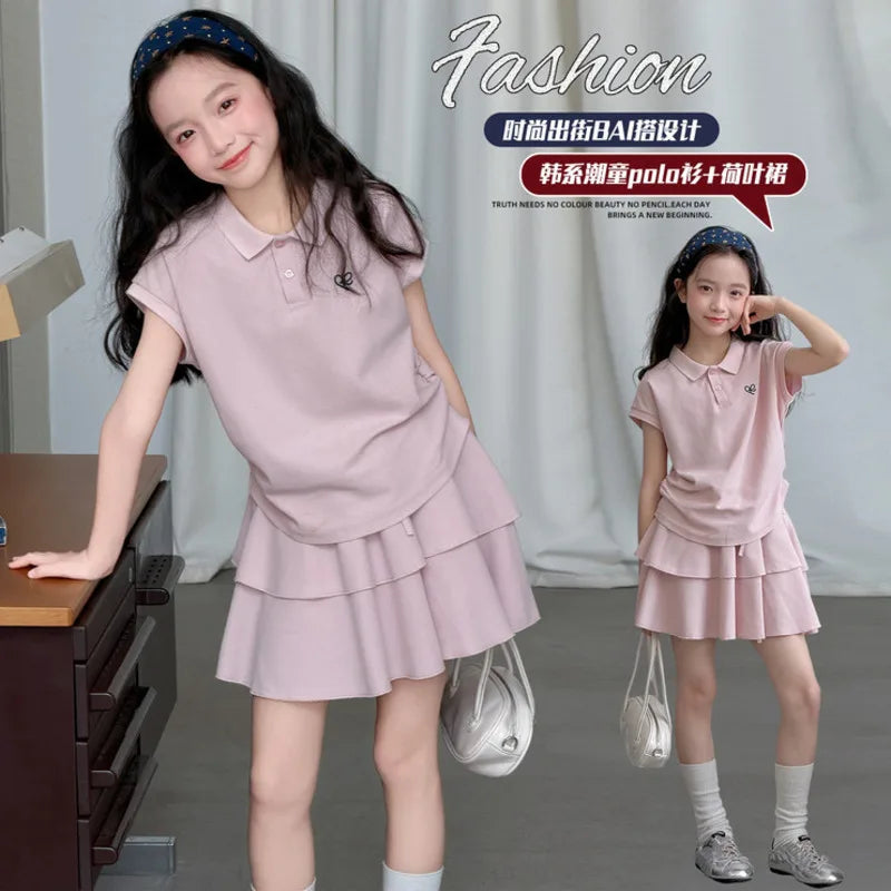 26 Spring Summer Pink Girls Sporty Cotton 2piece Set Outfit New Cute Stylish Big Kid Children Polo Shirt Pleat Skirt 10-18 Years