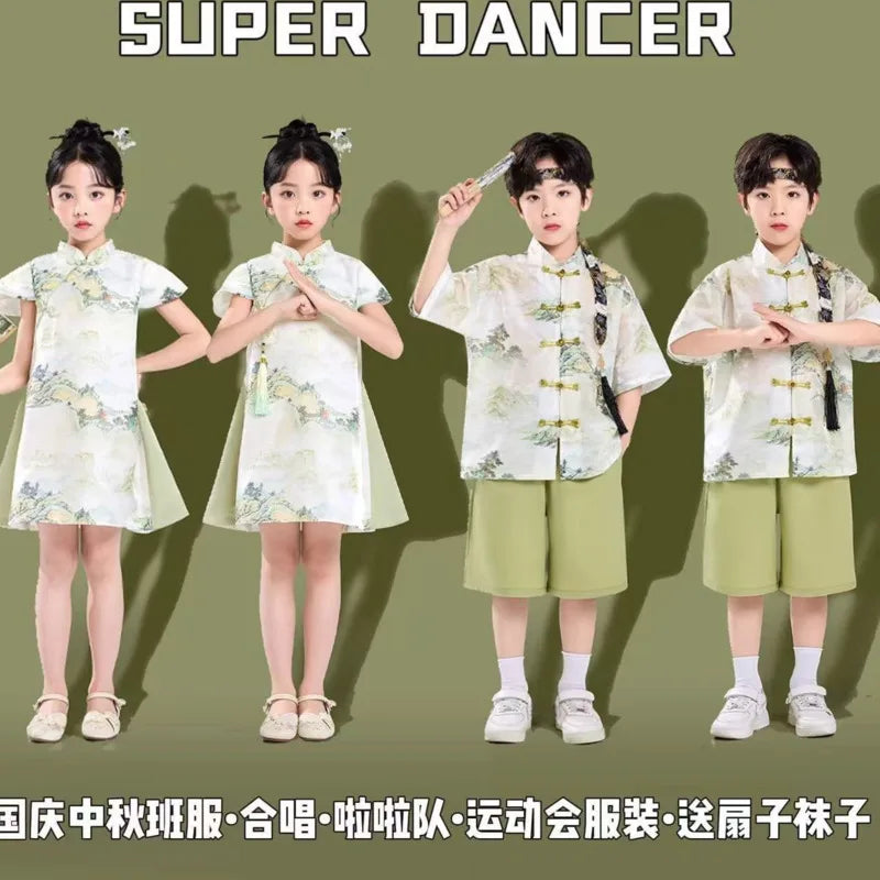 26 Spring Summer Festival National Day Tradition Chinese Costume Children Kid Clothes Boy 2piece Set Girl Dress 3-18 Year Outfit