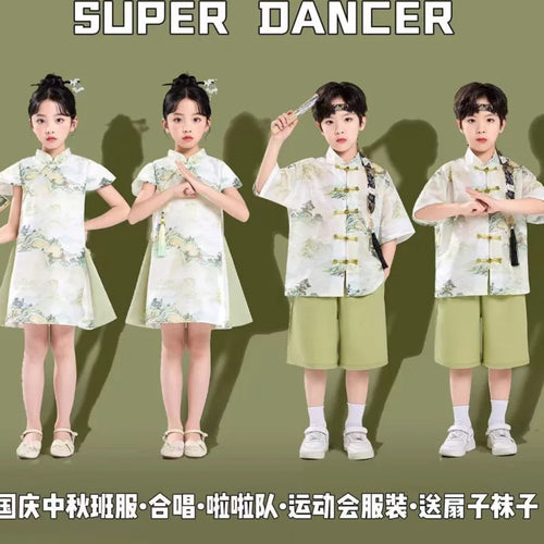 26 Spring Summer Festival National Day Tradition Chinese Costume Children Kid Clothes Boy 2piece Set Girl Dress 3-18 Year Outfit