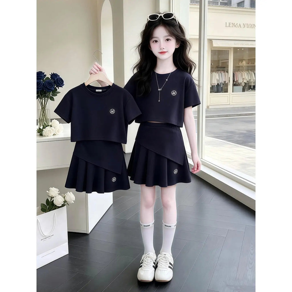 Stylish Korean Style Girls 2 Piece Outfit Summer New Sporty Casual Short Sleeve Top & Skirt Set