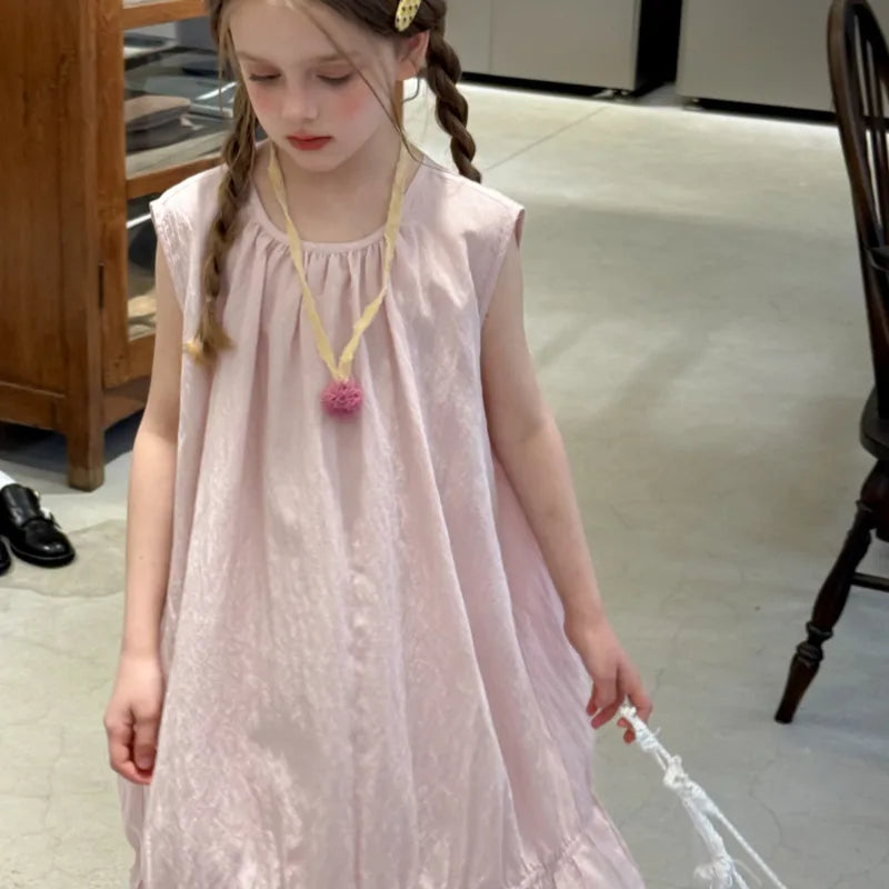 26 Spring Summer Cotton Girls Pink Vest Dress New Stylish High-end Children Clothes Sleeveless Long Dress Soft 3-12 Year Outfit