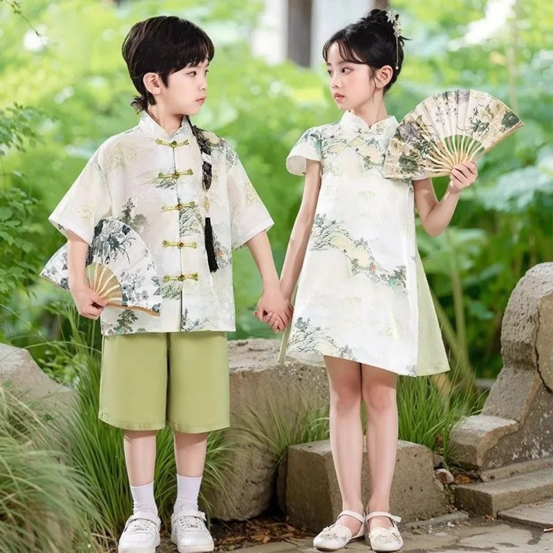 26 Spring Summer Festival National Day Tradition Chinese Costume Children Kid Clothes Boy 2piece Set Girl Dress 3-18 Year Outfit
