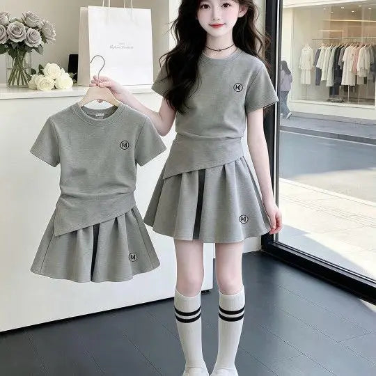 Stylish Korean Style Girls 2 Piece Outfit Summer New Sporty Casual Short Sleeve Top & Skirt Set