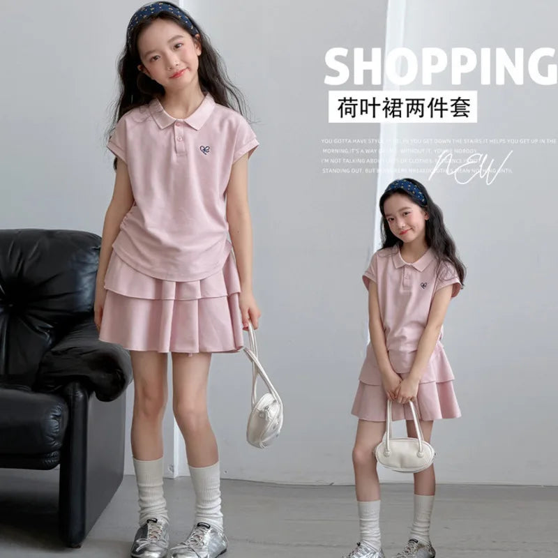 26 Spring Summer Pink Girls Sporty Cotton 2piece Set Outfit New Cute Stylish Big Kid Children Polo Shirt Pleat Skirt 10-18 Years