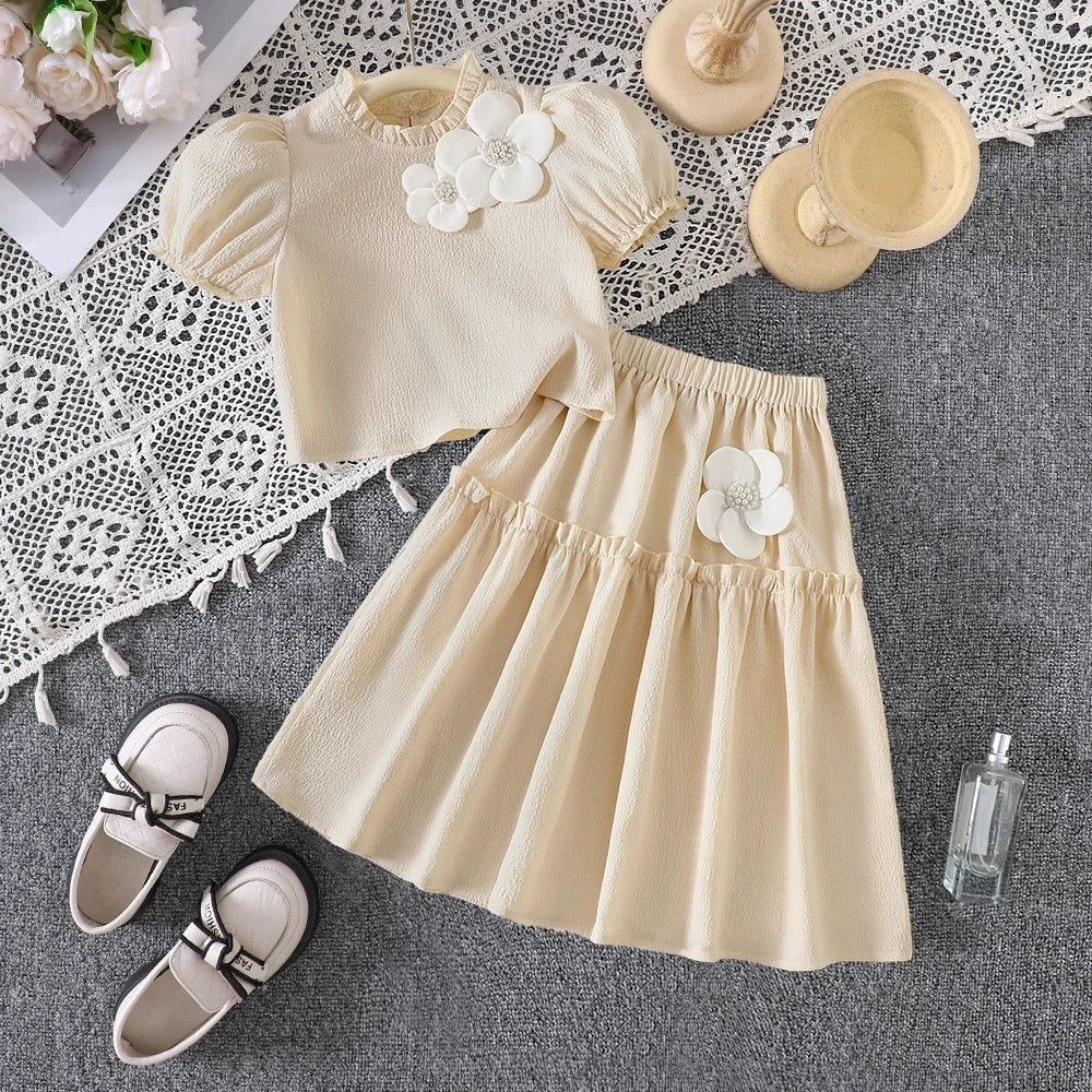 Sleeveless Dress for Girls Summer Clothes For 8-12 Year Two-Piece Set Bubble Sleeve Top with Skirt Children Outfit Casual Outing
