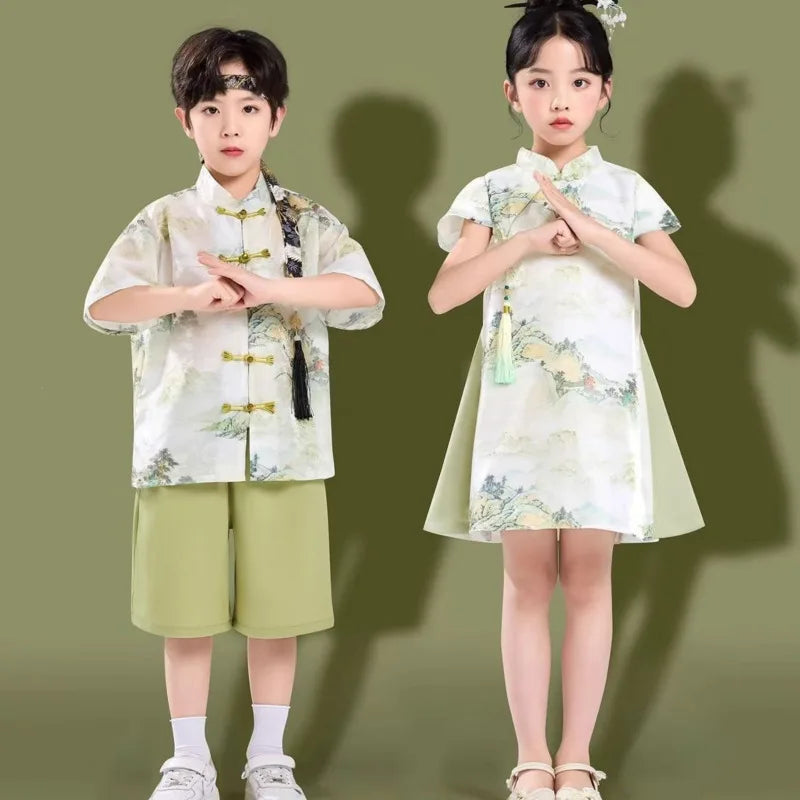 26 Spring Summer Festival National Day Tradition Chinese Costume Children Kid Clothes Boy 2piece Set Girl Dress 3-18 Year Outfit